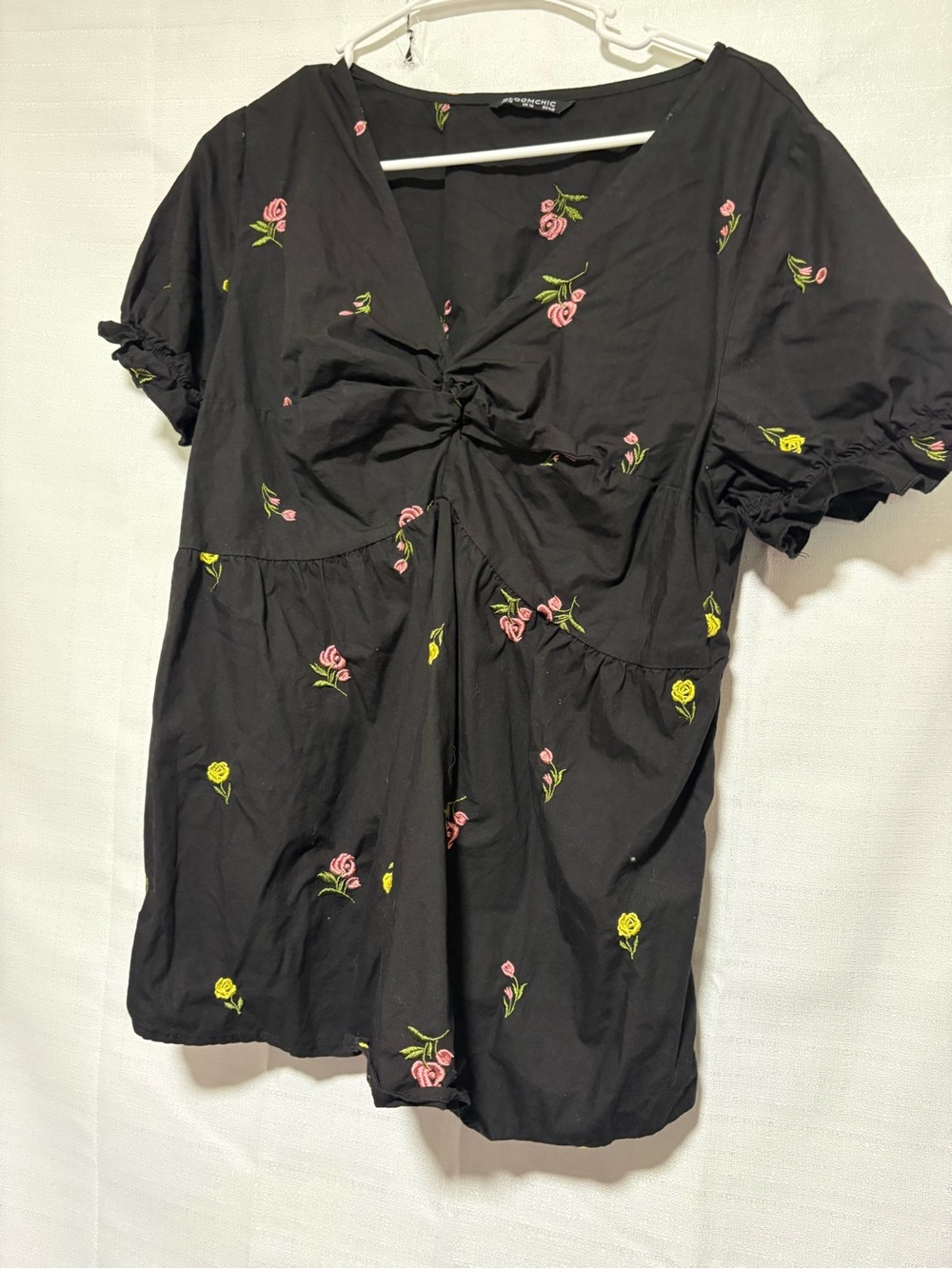 Women’s Black Floral Tie-Front Top - Pink & Yellow Rose Slenderizing!Embroidery! - Picture 8 of 14